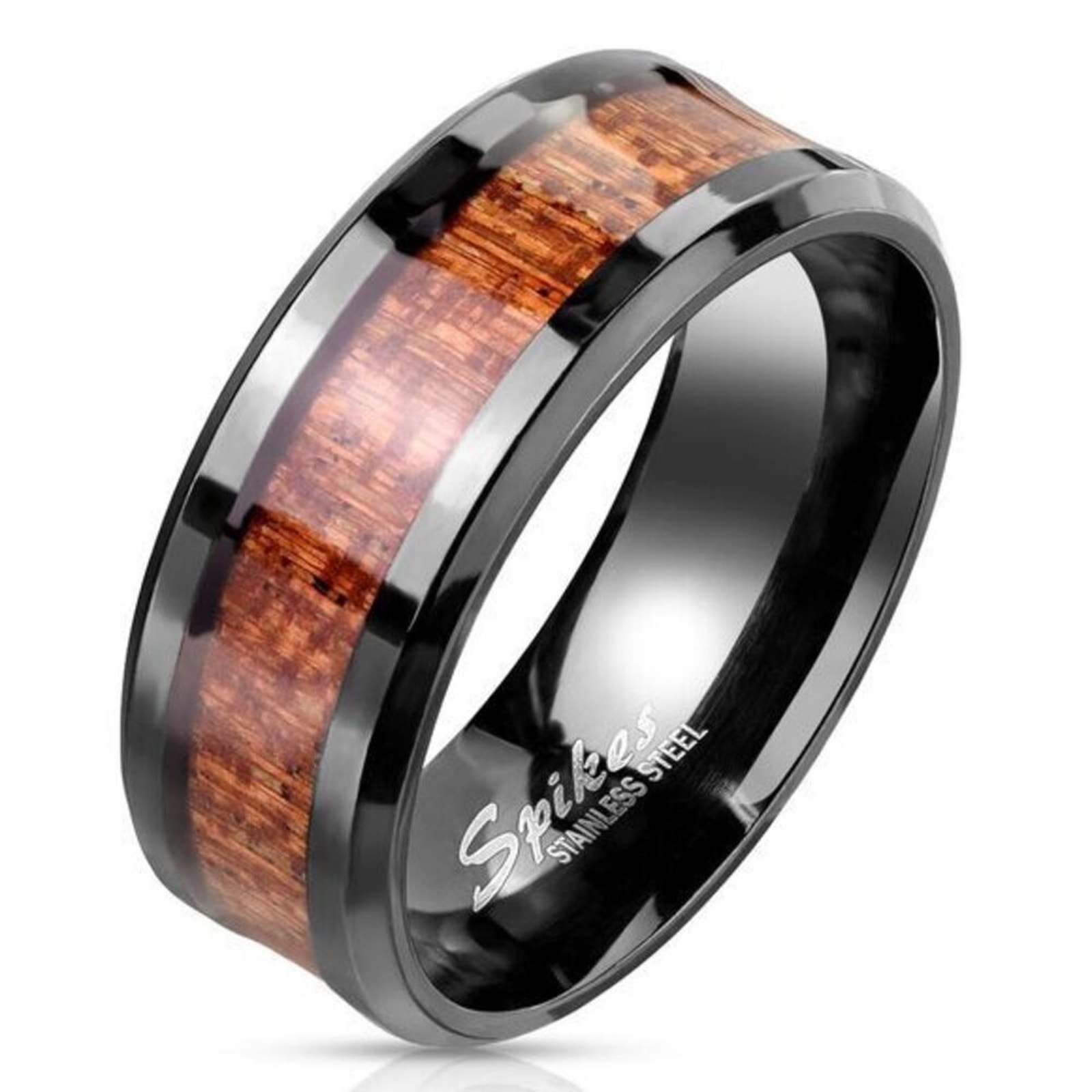 Wood Inlay Center Beveled Edges Black Ip Stainless Steel Rings Size 7